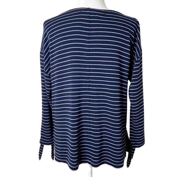 Loft Women's Top S Navy Blue Striped Tie Long Sleeve Slit Hem Tunic T-Shirt - Picture 5 of 8